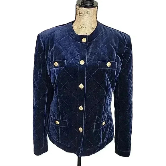 JH Collection Vintage 80s Velvet Quilted Blazer Military style Jacket. Size 10 - Picture 2 of 14